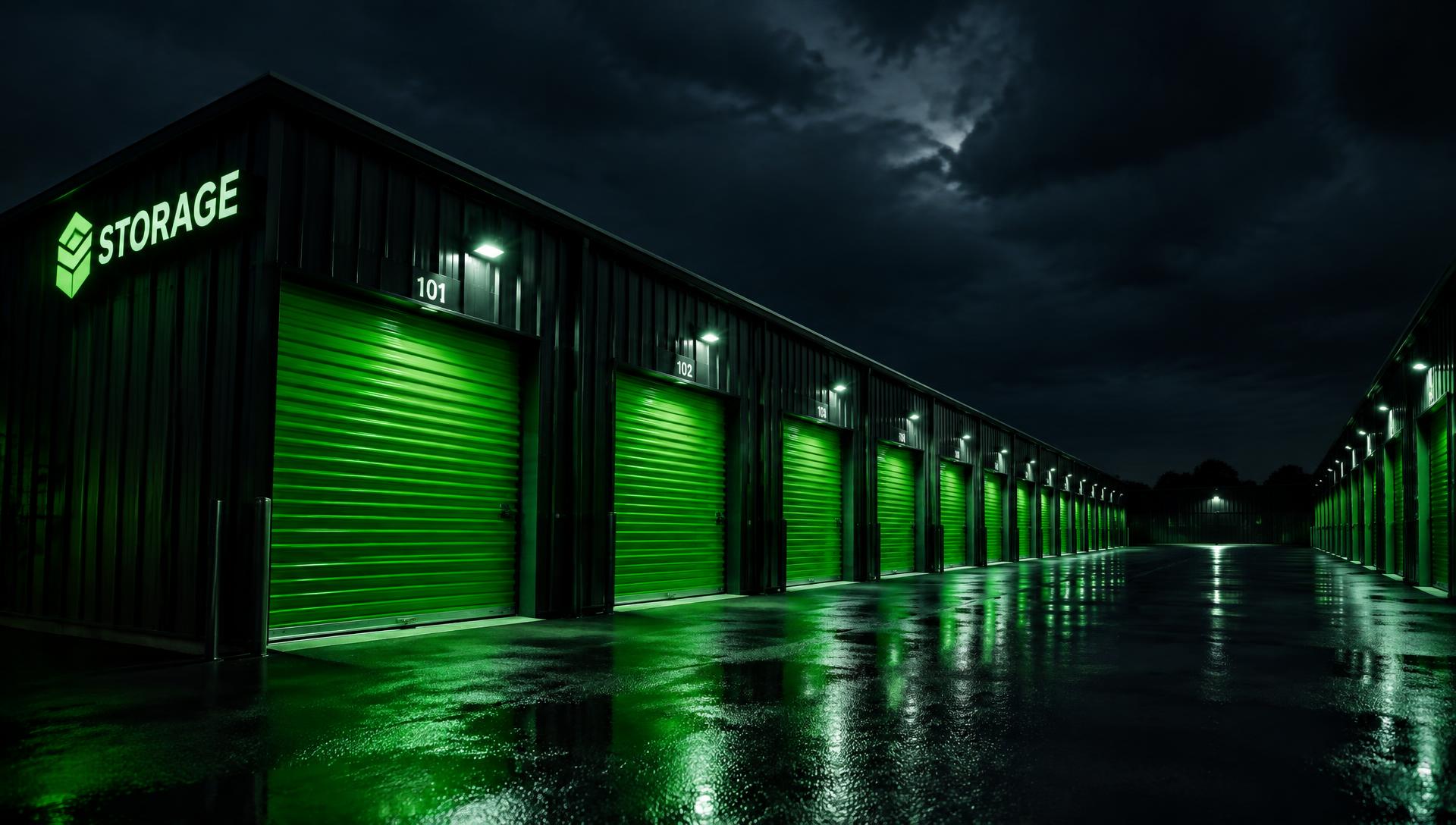 Mini-storage facility at night with green roll-up doors
